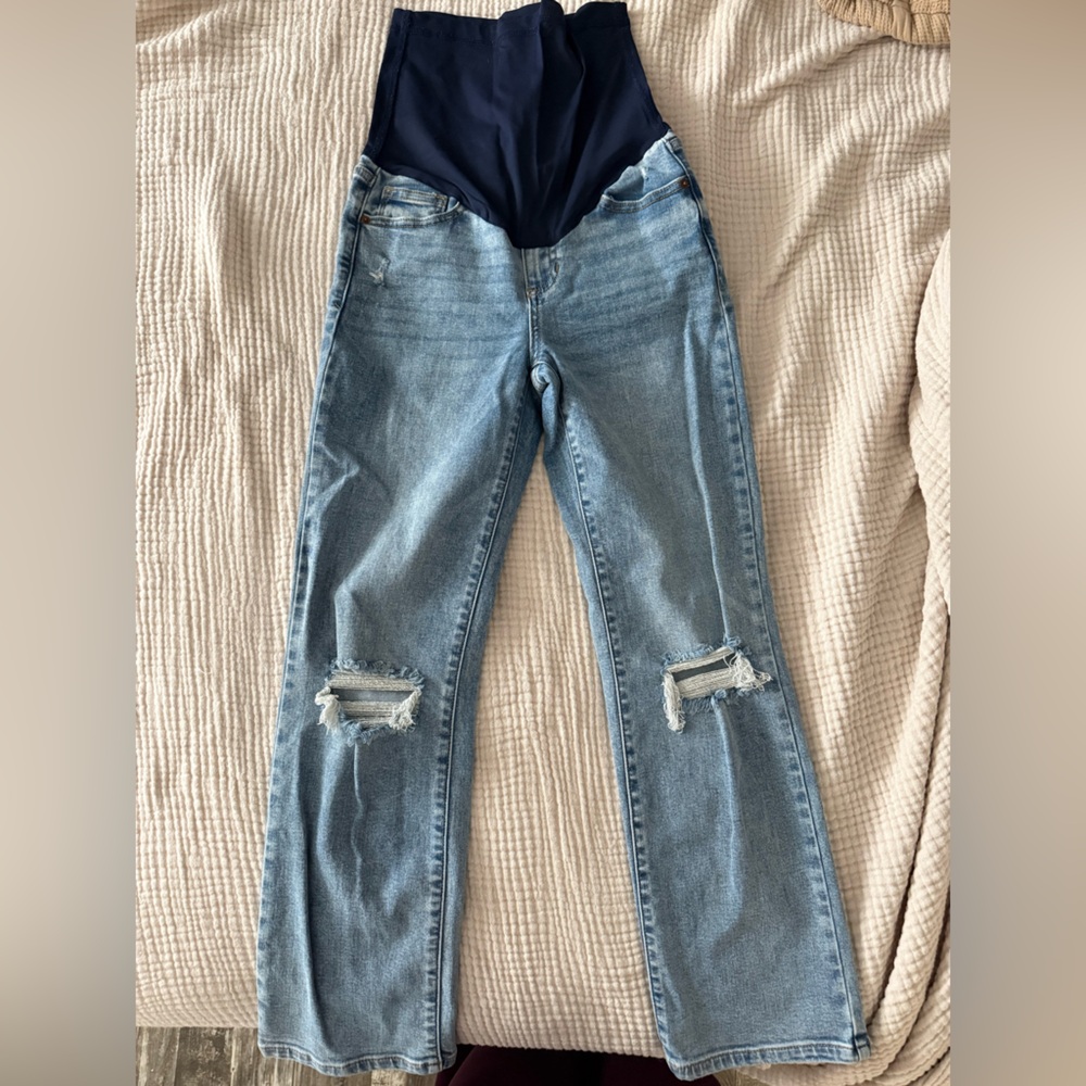 Pinkblush Light Blue Straight Leg Maternity Jeans with Navy Waist Panel